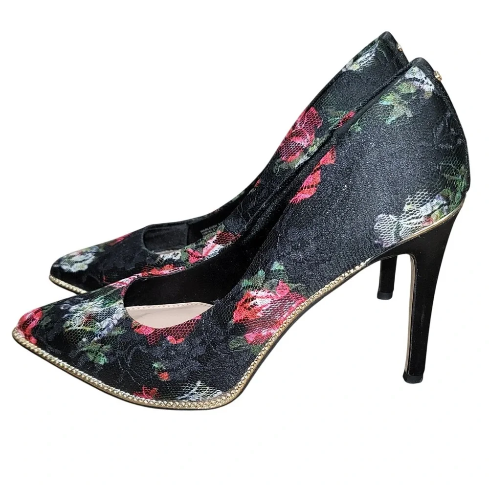 BCB Generation Chain Pointy Floral Lace Black Red Gold Chain Pumps‎ 10 Boho Y2K